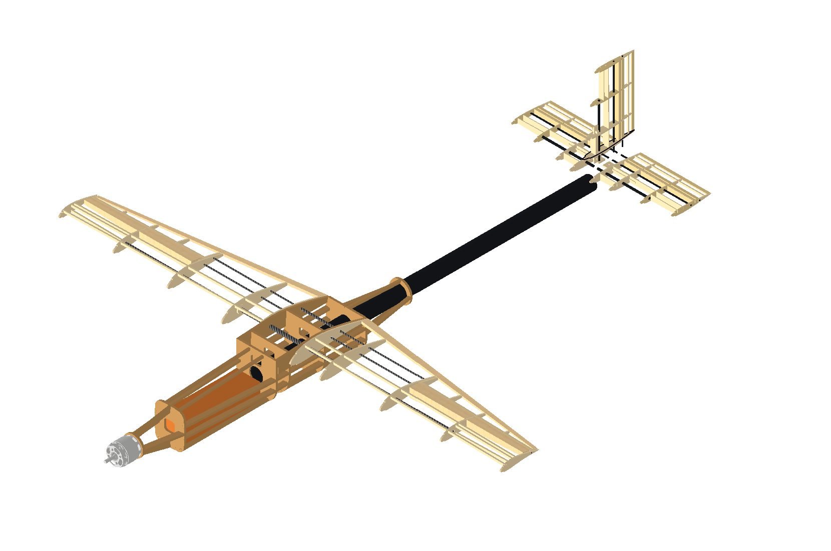 CAD render of the planned small UAV with a carbon tail boom and V-tail