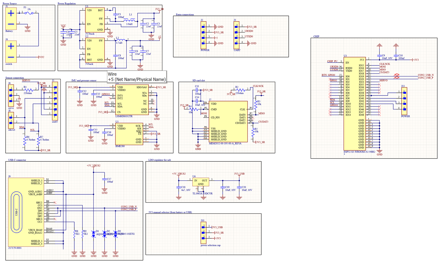 Altium schematic of the payload board: power regulation, sensor connectors, SD card, USB-C and the ESP32-S3 module