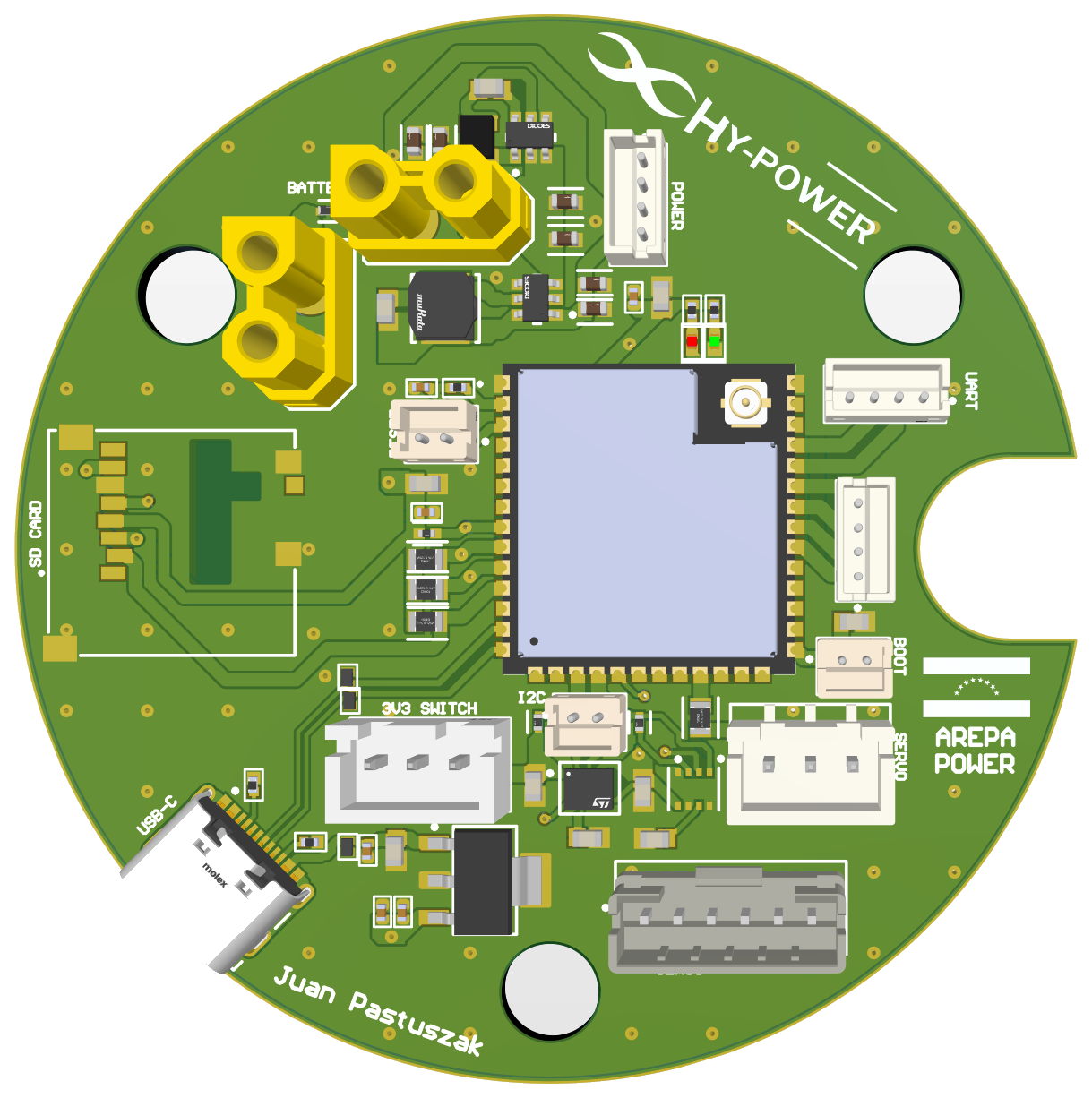 Altium 3D view of the round flight board with the ESP32-S3 module mounted directly on it