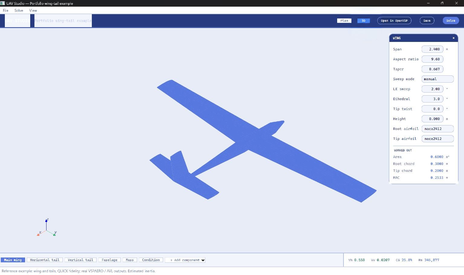 The active UAV analysis application with the reference airframe